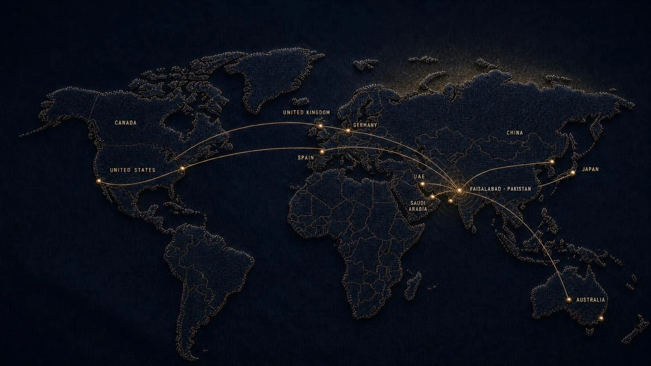 Illustrative R.N. Textiles global market map from Faisalabad, Pakistan